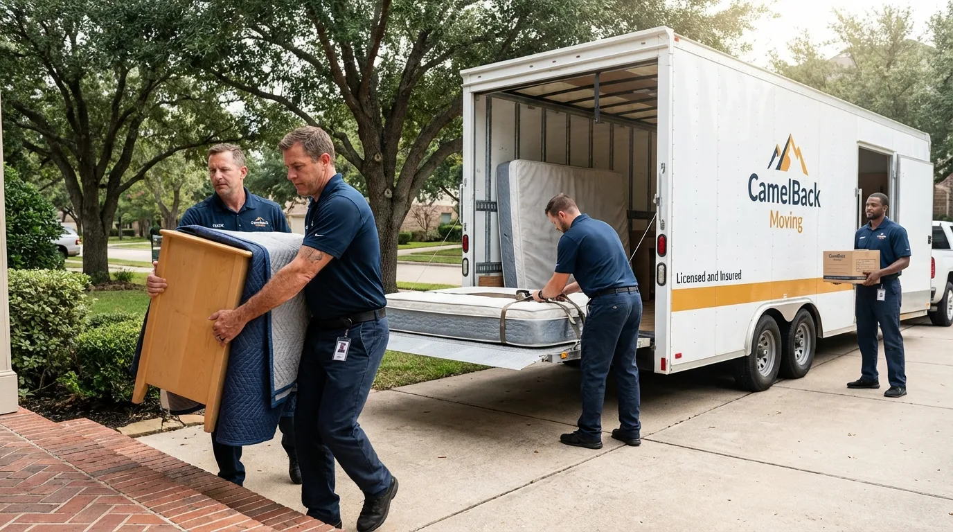 Crew loading residential truck for cross-state move from Farmington, CT