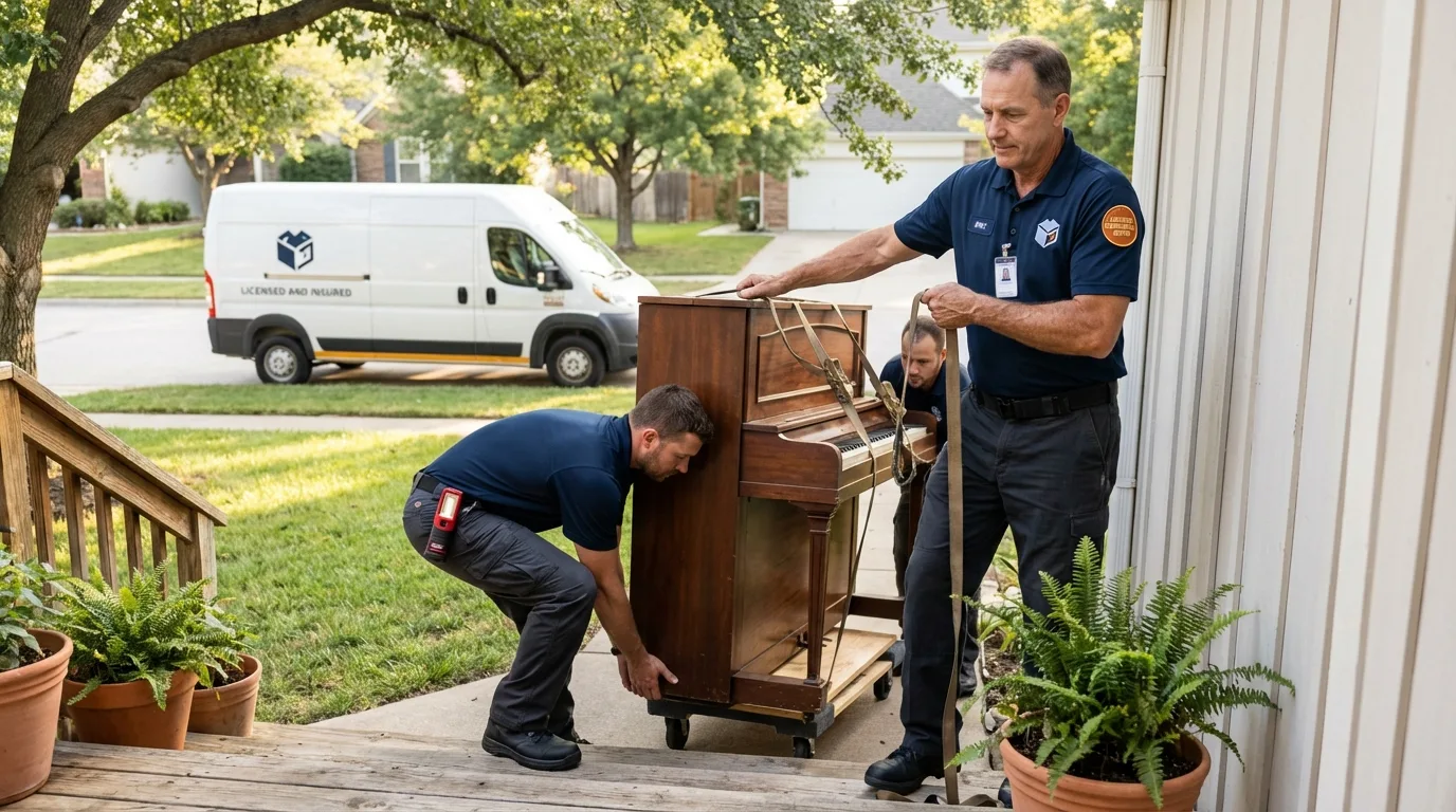 Licensed piano movers securing grand piano in Farmington, CT