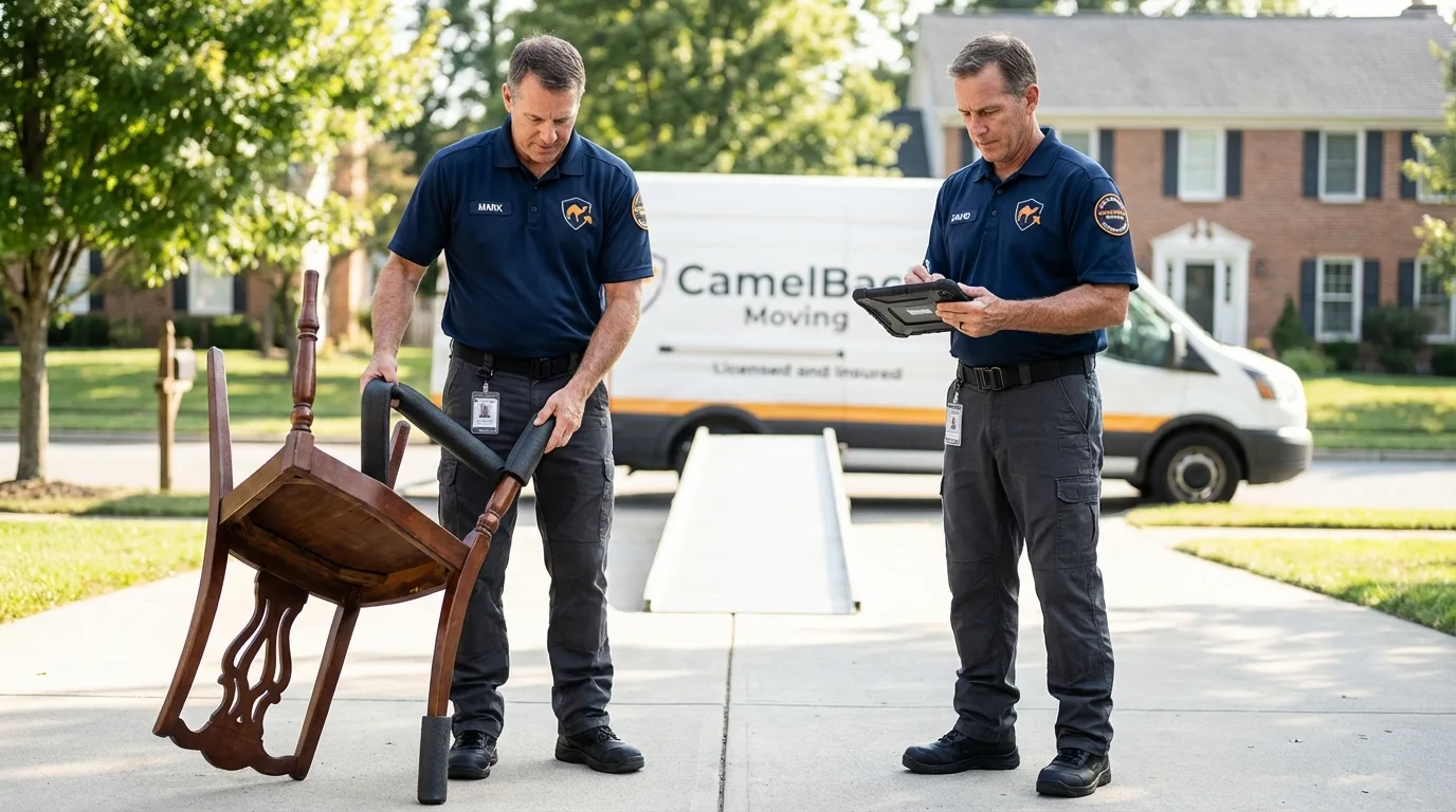 Movers inspecting furniture for damage prevention before loading in Farmington, CT