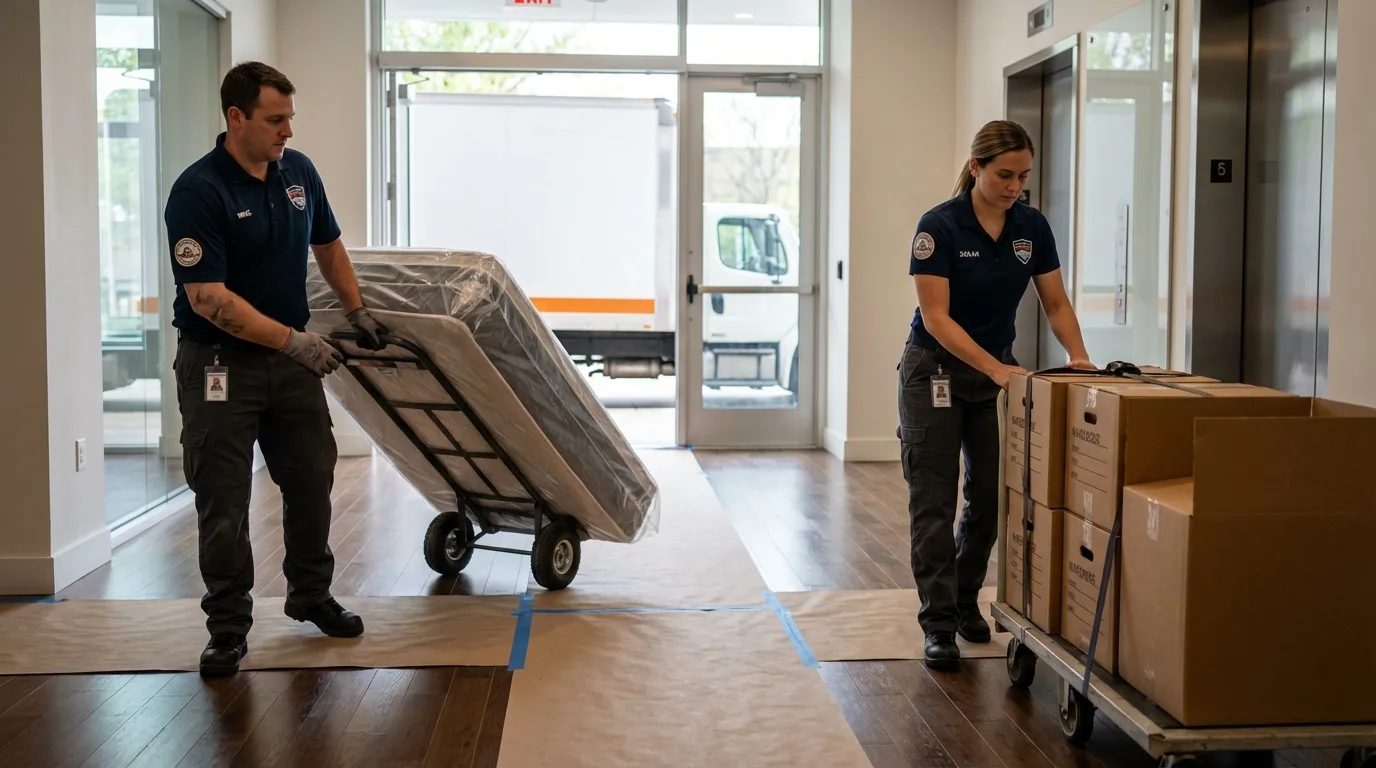 Professional apartment movers loading elevator in Farmington, CT