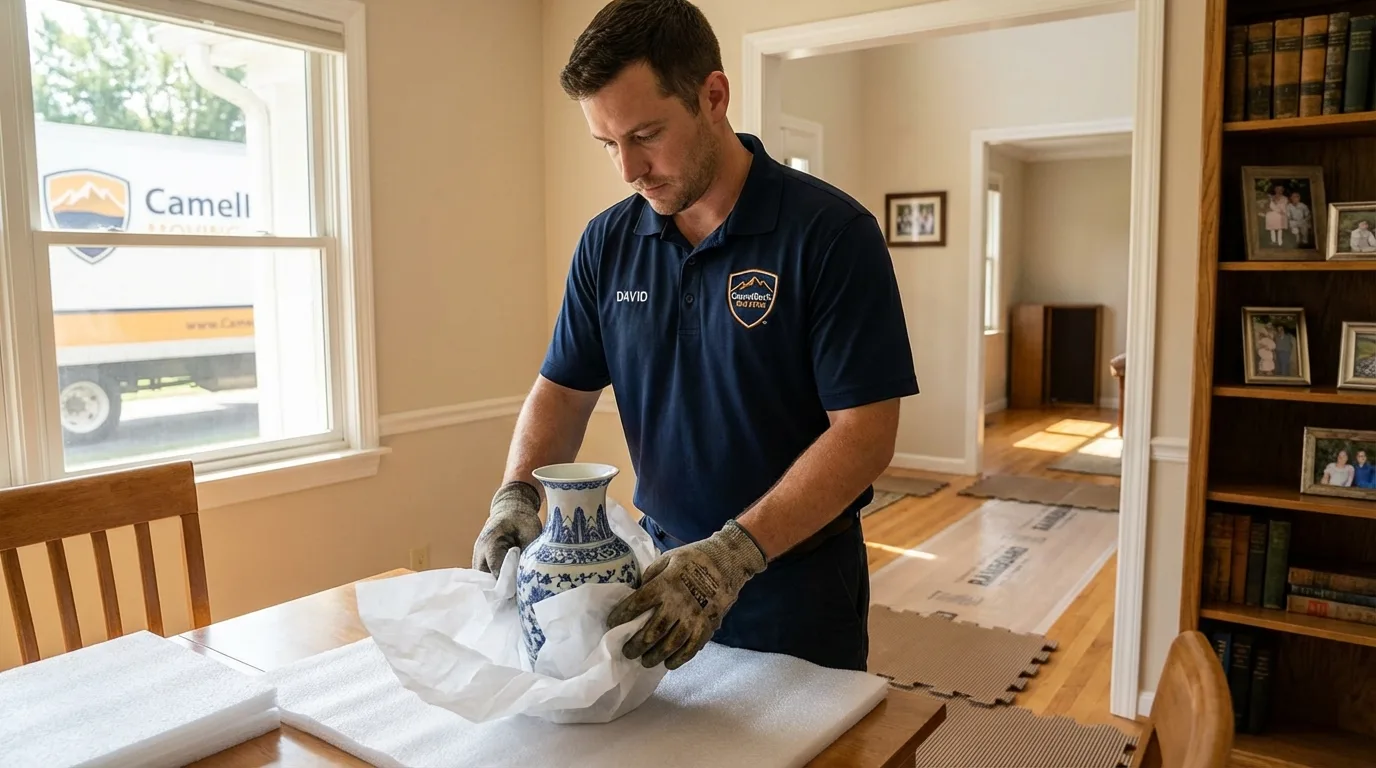 Professional crew carefully wrapping antique vase for senior downsizing move in Farmington, CT